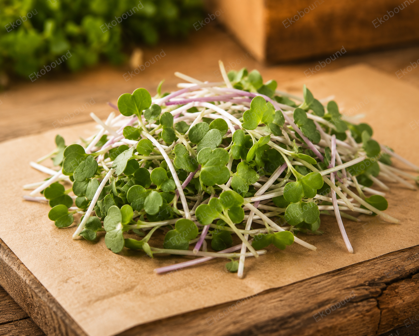 Fresh Mustard Microgreens from Ekobound. Bold, peppery, sustainably grown, and harvested fresh for delivery across Bangalore, Karnataka, India. Perfect for salads, wraps, sandwiches, soups, and healthy everyday meals.