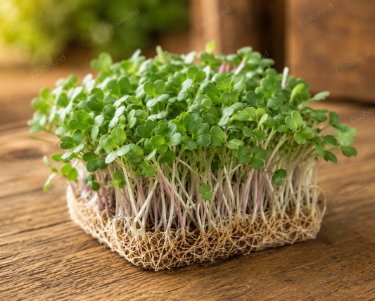 Fresh Mustard Microgreens from Ekobound. Bold, peppery, sustainably grown, and harvested fresh for delivery across Bangalore, Karnataka, India. Perfect for salads, wraps, sandwiches, soups, and healthy everyday meals.