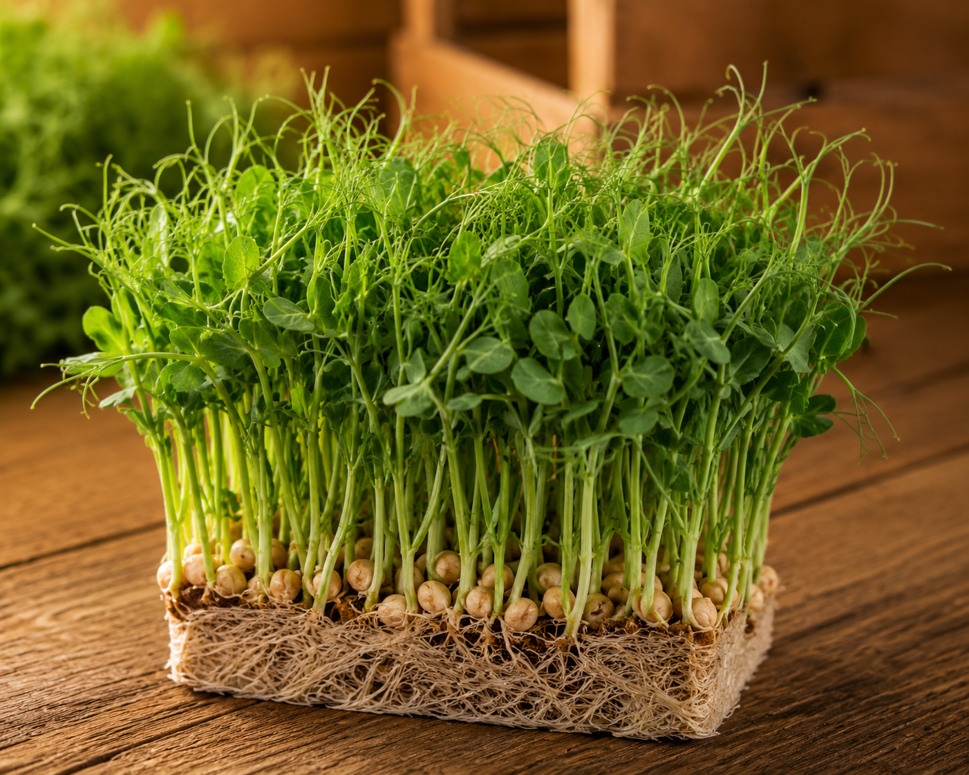 Fresh Peas Microgreens from Ekobound. Naturally sweet, tender, and crunchy. Sustainably grown and harvested fresh for delivery across Bangalore, Karnataka, India. Perfect for salads, wraps, sandwiches, smoothies, grain bowls, and gourmet garnishes.