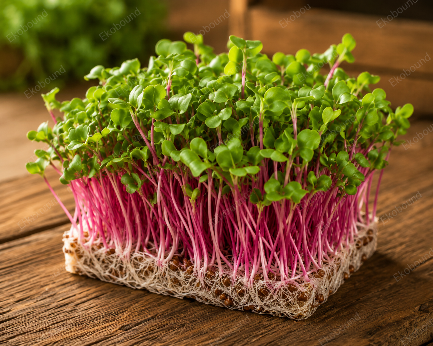 Fresh Radish China Rose Microgreens from Ekobound. Vibrant pink stems, crisp texture, and peppery flavor. Sustainably grown and harvested fresh for delivery across Bangalore, Karnataka, India. Perfect for salads, wraps, sandwiches, and gourmet garnishes.