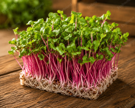 Fresh Radish China Rose Microgreens from Ekobound. Vibrant pink stems, crisp texture, and peppery flavor. Sustainably grown and harvested fresh for delivery across Bangalore, Karnataka, India. Perfect for salads, wraps, sandwiches, and gourmet garnishes.
