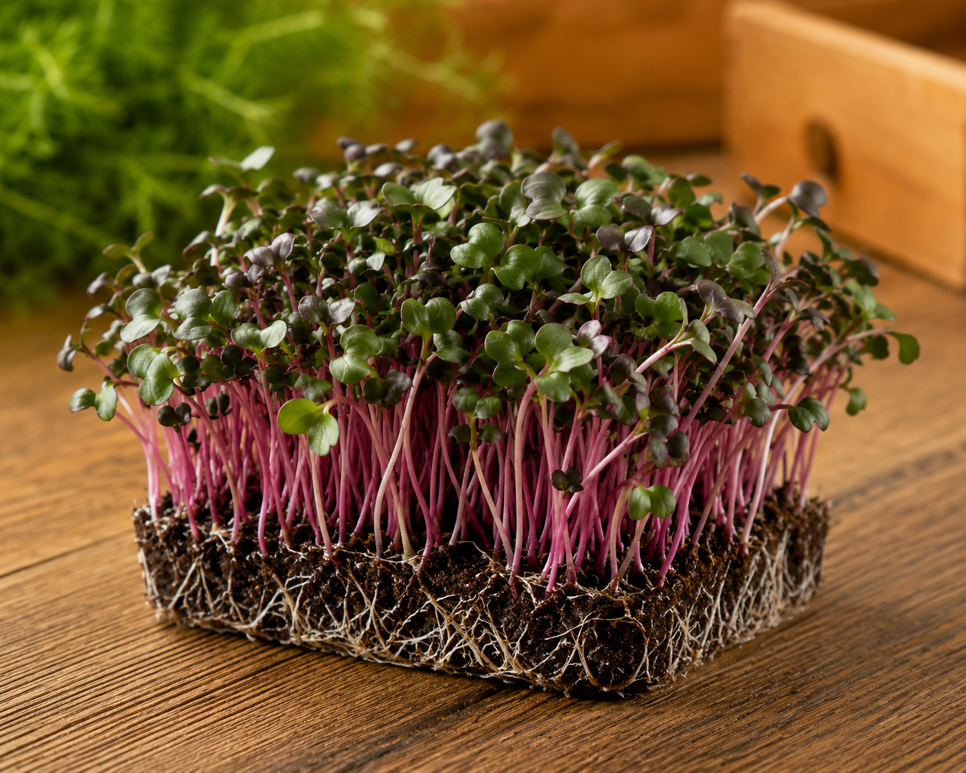 Red Cabbage Microgreens from Ekobound. Mild, crisp, and naturally vibrant with beautiful purple stems. Sustainably grown and harvested fresh for delivery across Bangalore. Perfect for salads, wraps, smoothies, grain bowls, and gourmet garnishes.